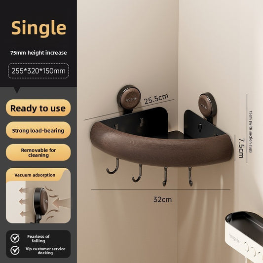 Étagère d’Angle de Douche en Bois & Métal – Rangement à Ventouse Sans Perçage