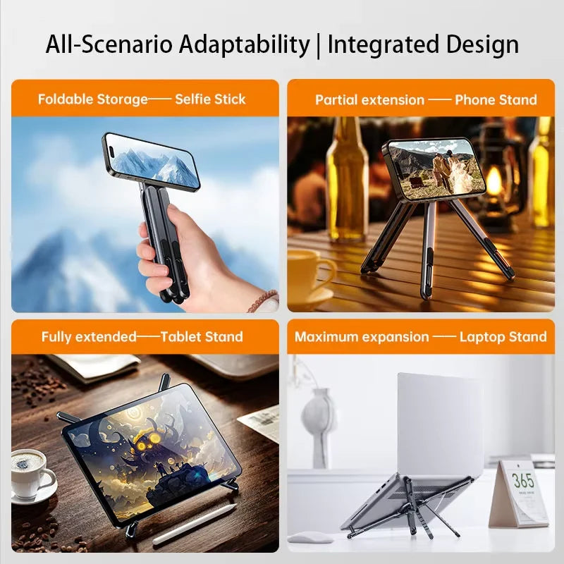 Support Ergonomique Réglable pour Ordinateur Portable en Aluminium – Pliable 3 en 1 avec Support Magnétique pour Téléphone & Tablette