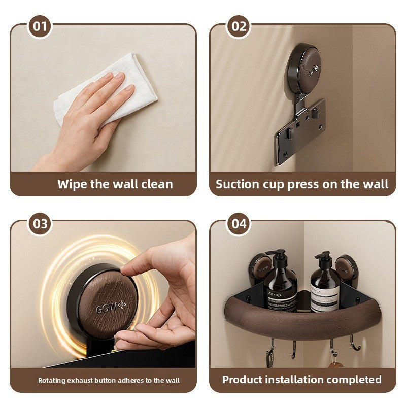 Étagère d’Angle de Douche en Bois & Métal – Rangement à Ventouse Sans Perçage
