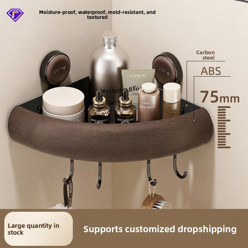 Étagère d’Angle de Douche en Bois & Métal – Rangement à Ventouse Sans Perçage